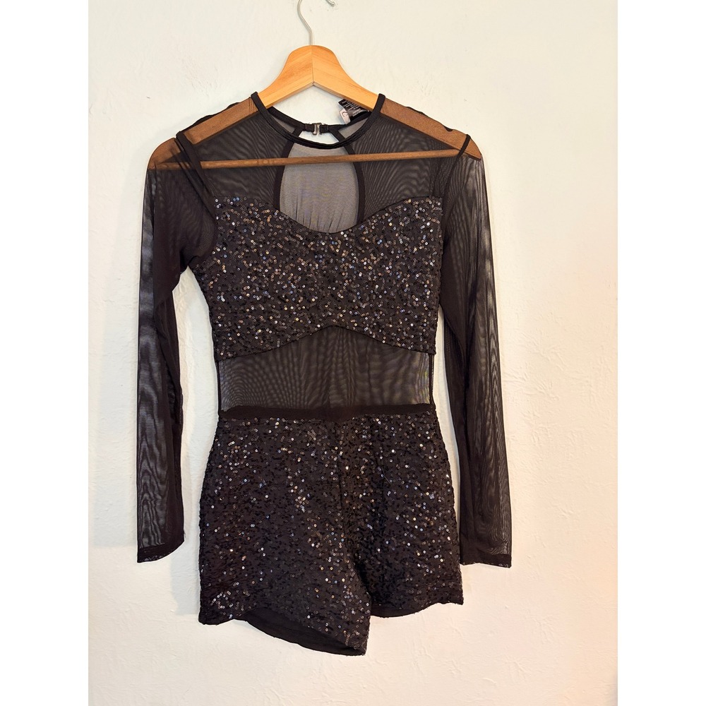 Alexandra Collection Sequin Romper Small Black Mesh Long Sleeve Dance Concert - Picture 1 of 11